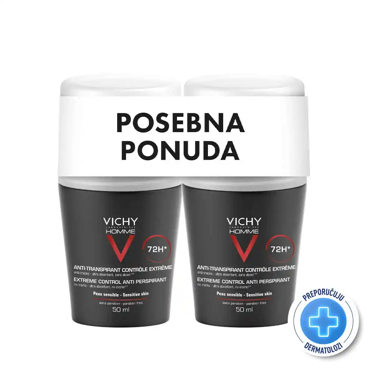 Vichy Deo Homme Men Antiperspirant roll-on protiv znojenja do 72h, 2 x 50 ml POSEBNA PONUDA