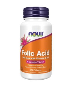 Folna kiselina s vitaminom B12 NOW, 800 µg (250 tableta)